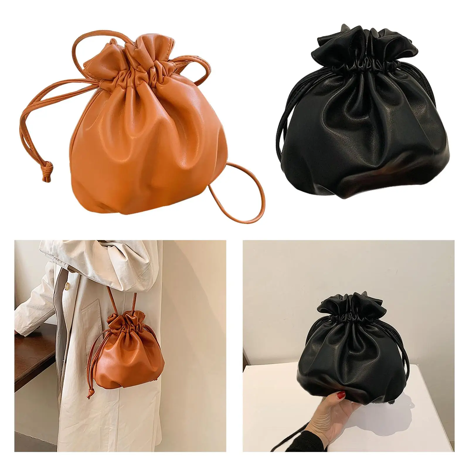 Drawstring Pouch Bucket Bags PU Leather Waterproof for Keys Coins Women