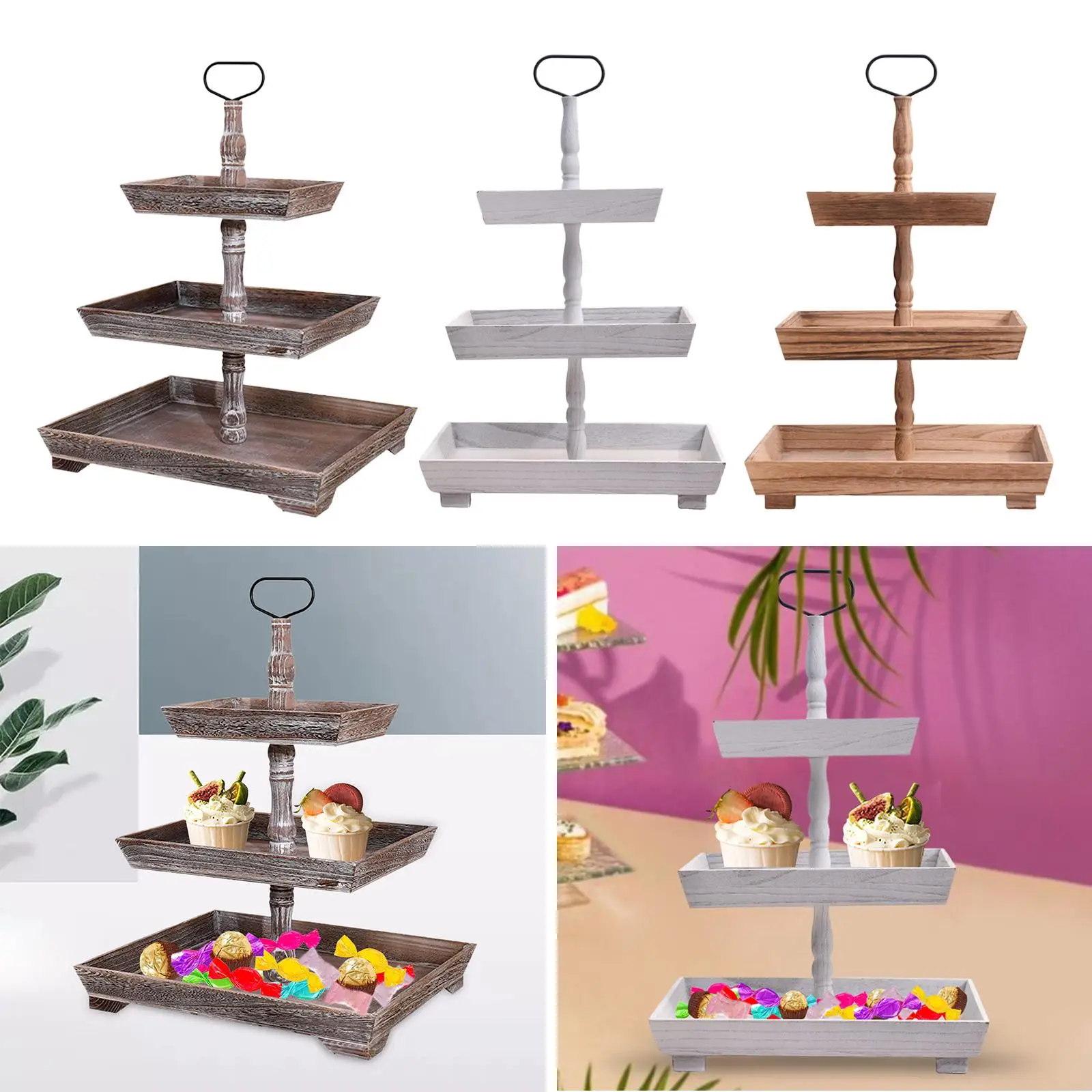 Wooden Tiered Serving Tray Cookie Plates Rectangle 3 Tier Fruit Display Stand for Kitchen