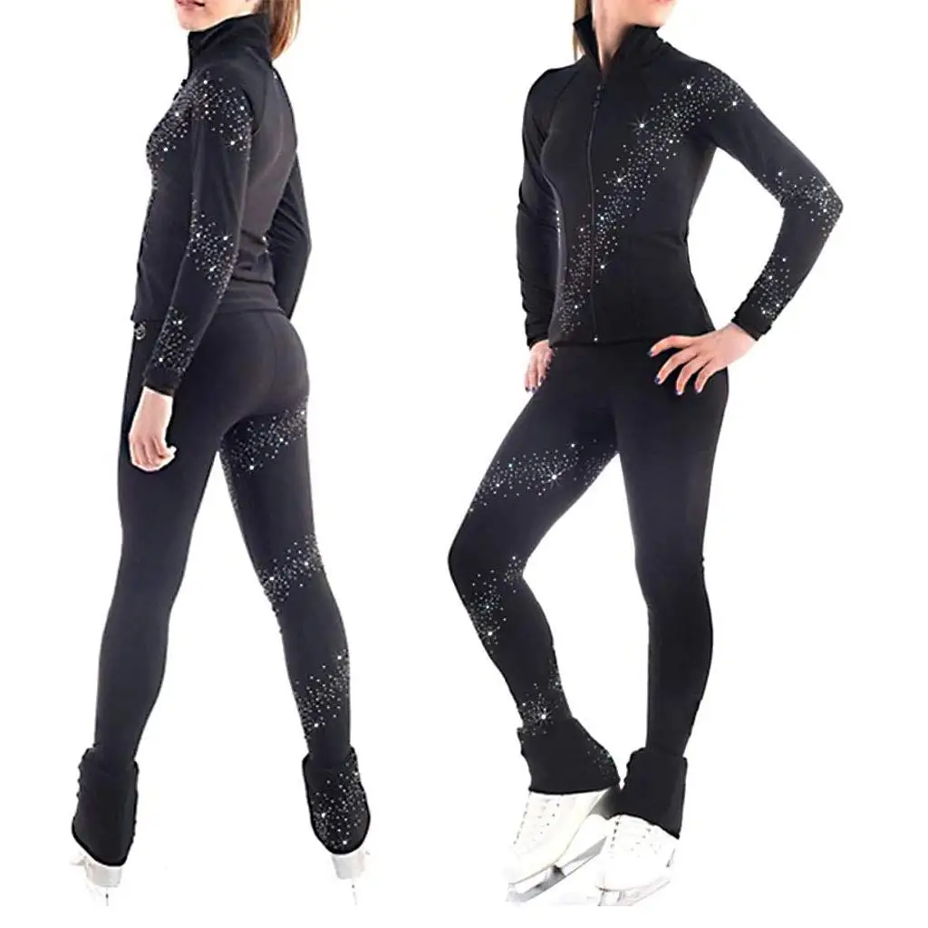 Ice Figure Skate Sportswear Skatingtec Fleece Jacket Pants with Spiral Rhinestones Skating Trouser Coat Set
