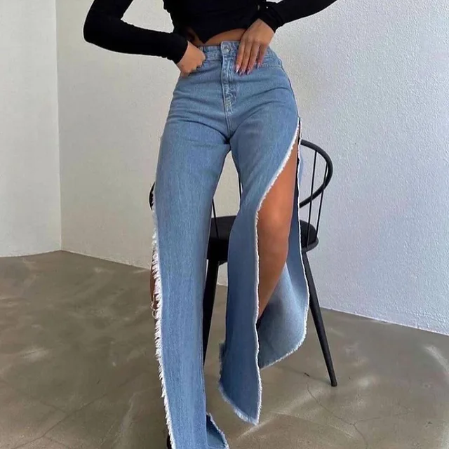 Double side high slit denim trousers 2023 spring and summer street