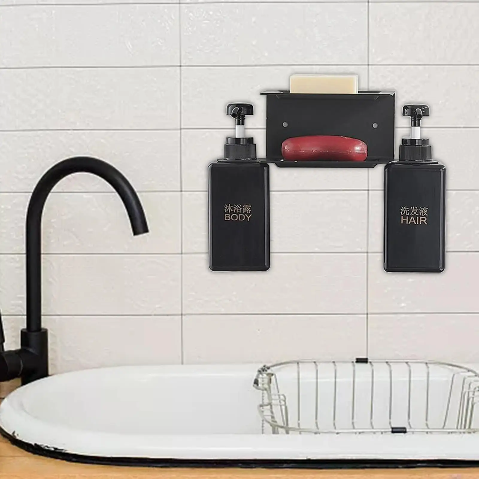 Double 450ml Liquid Soap Dispenser Pump Shampoo Standing Shelf Storage Holder for Home