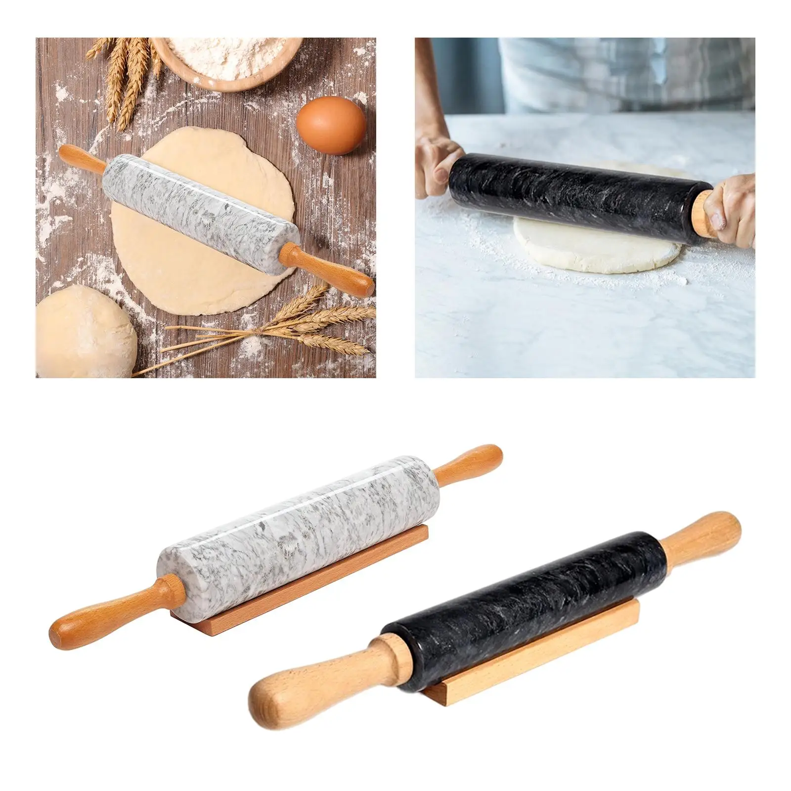 Rolling Pin with Wood Handle and Base Save Effort Marble Stone Rolling Pin for Cookie