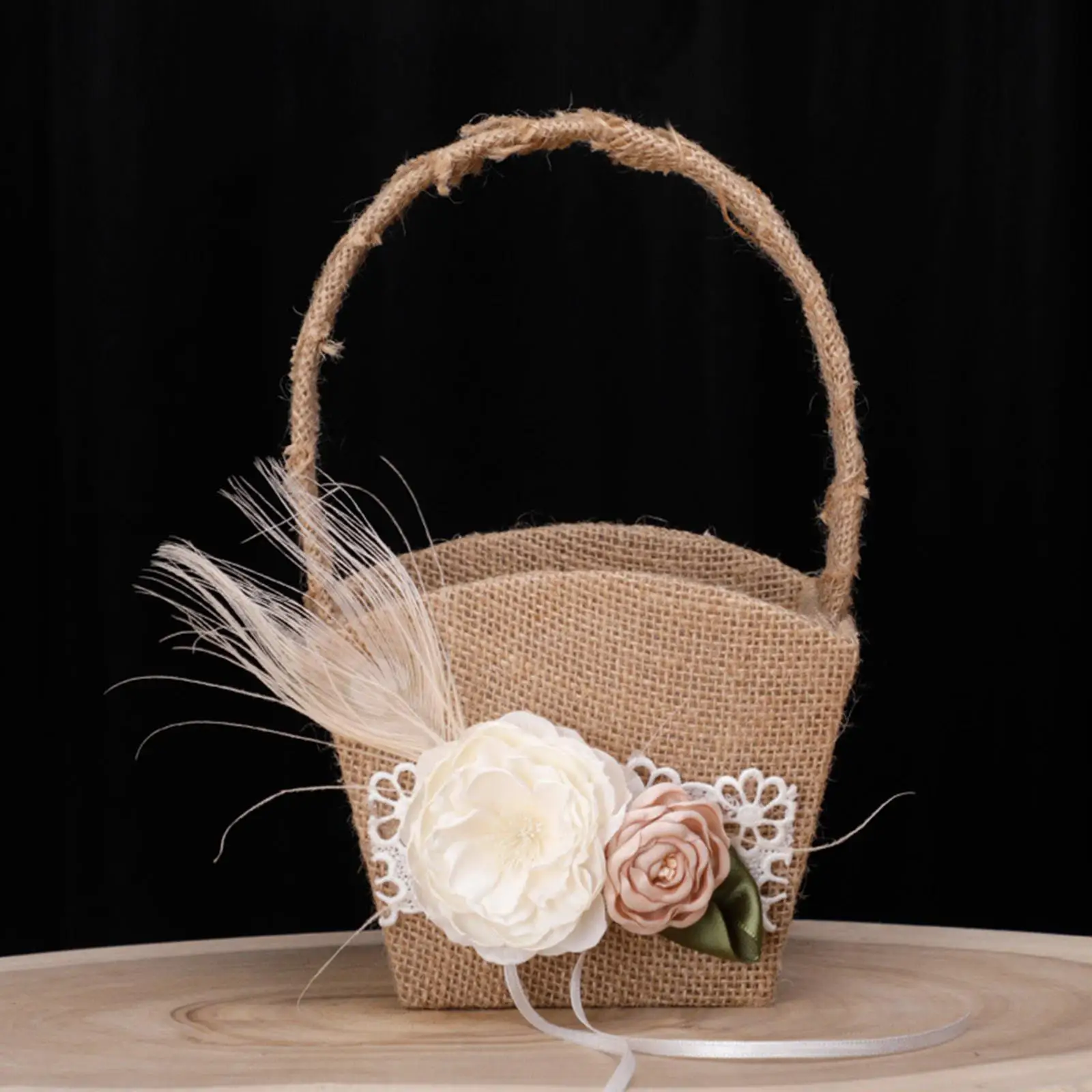 Multi Use Flower Girl Basket Accessory Rose Shaped Decor Celebration Rustic Candy Gift Basket Lace Satin Burlap for Home Parties