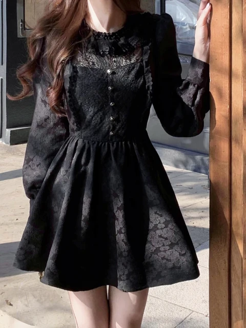 Black Gothic Mini Dress for Women Ruffled Korean Style Puff Sleeves Mesh  Dress Elegant V Neck Collar Shirt - Etsy Hong Kong