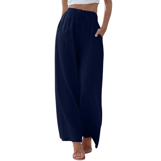 Summer High Waist Wide Leg Pants for Women 2023 New Drawstring Elastic  Comfy Trousers Lady Pockets Solid Loose Casual Pants - AliExpress