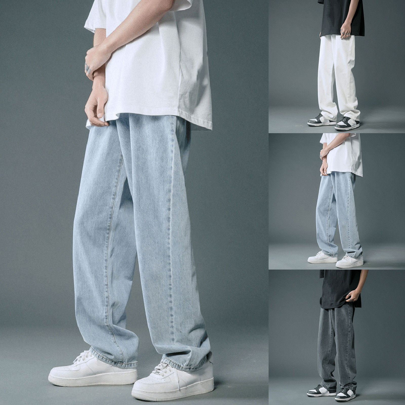 2024 New Street Casual Baggy Jeans Streetwear for menn Hip Hop rette bukser med vidde ben Studenter denimbukser Blå Svart_voghion.com