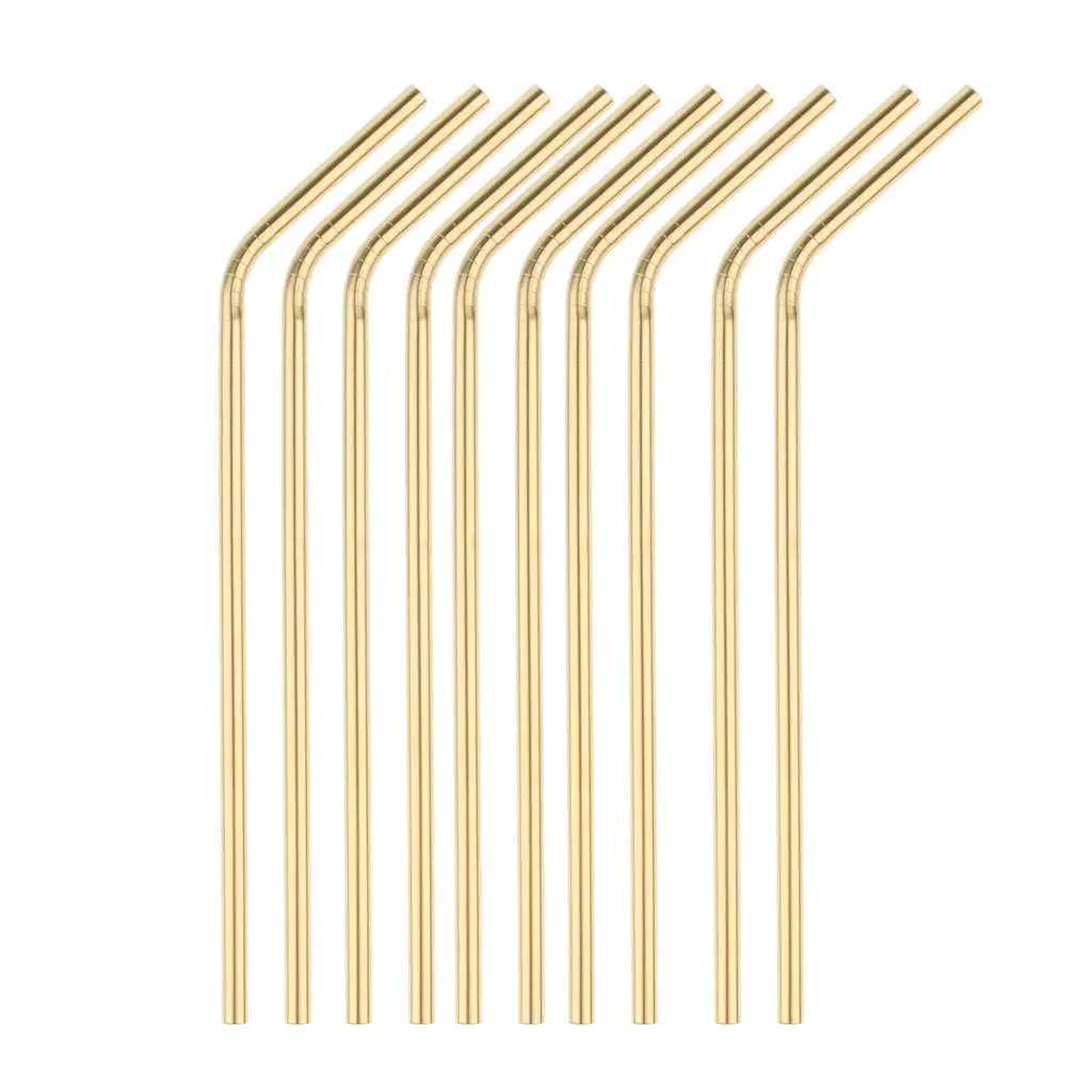 10pcs Reusable Metal 304 Stainless Steel Drinking Straws Curved, Gold