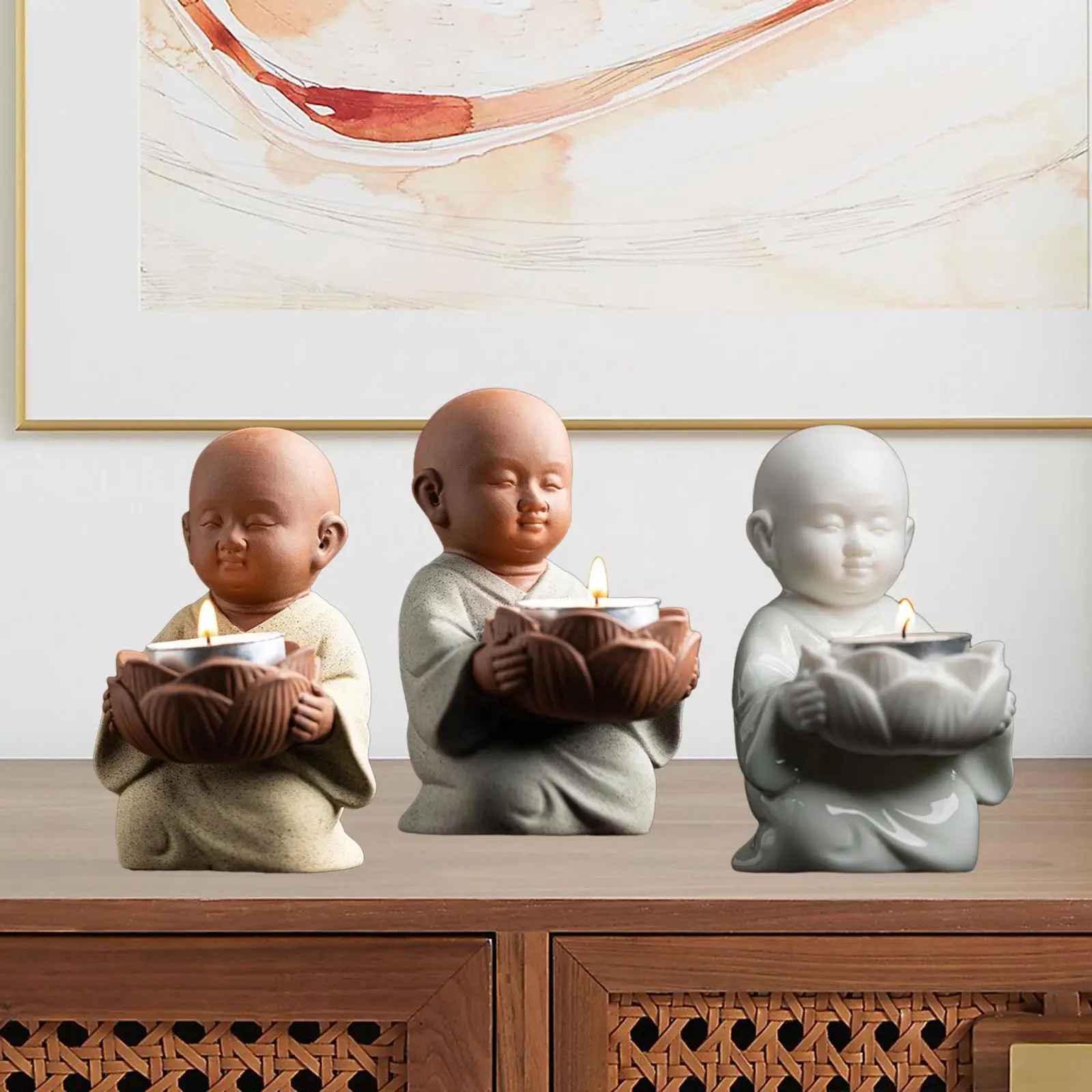 Little Monk Figurine Ceramic Tea Light Candle Holder Votive Candle Holder Feng Shui Ornament for Bedroom, Living Room Cute