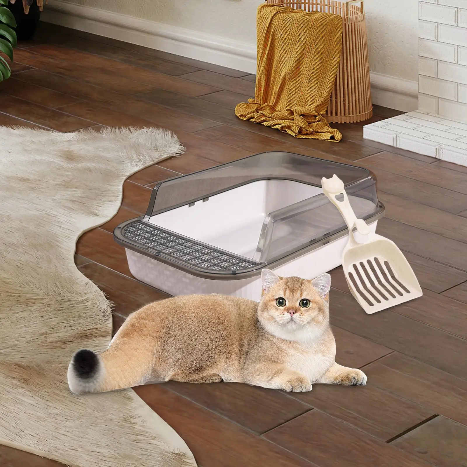 Open Top Pet Litter Tray with High Side Sturdy Semi Closed Cat Litter Box