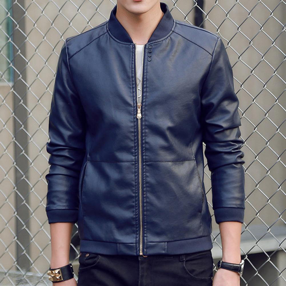 Description Picture 4 of itemSpring Autumn Men Coats Stand Collar Long Sleeve Cardigan Fashion Solid Color Casual Faux Leather Jackets jaqueta masculina