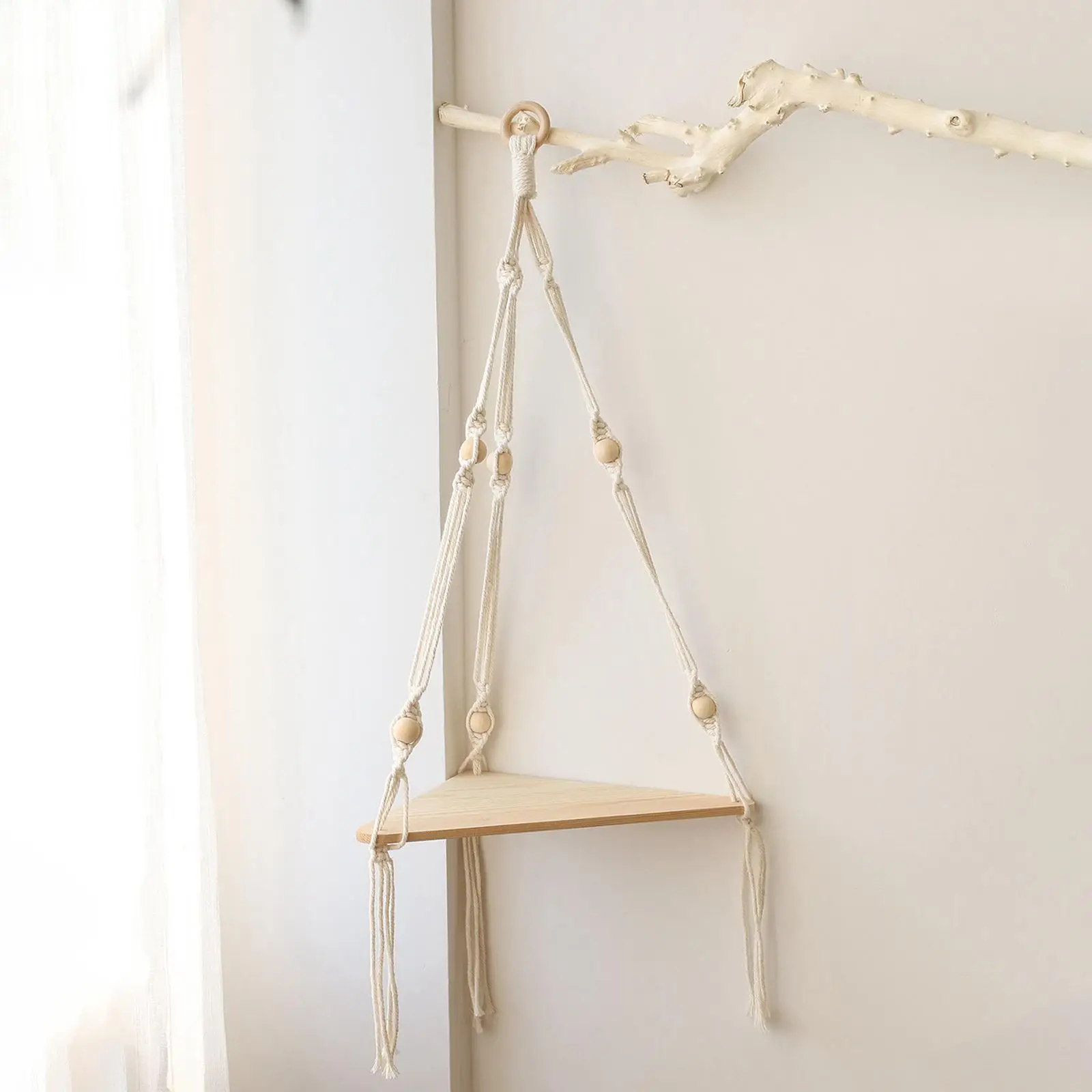 Macrame Wall Hanging Shelf Wood Wall Shelf with Woven Rope Bohemian Triangular