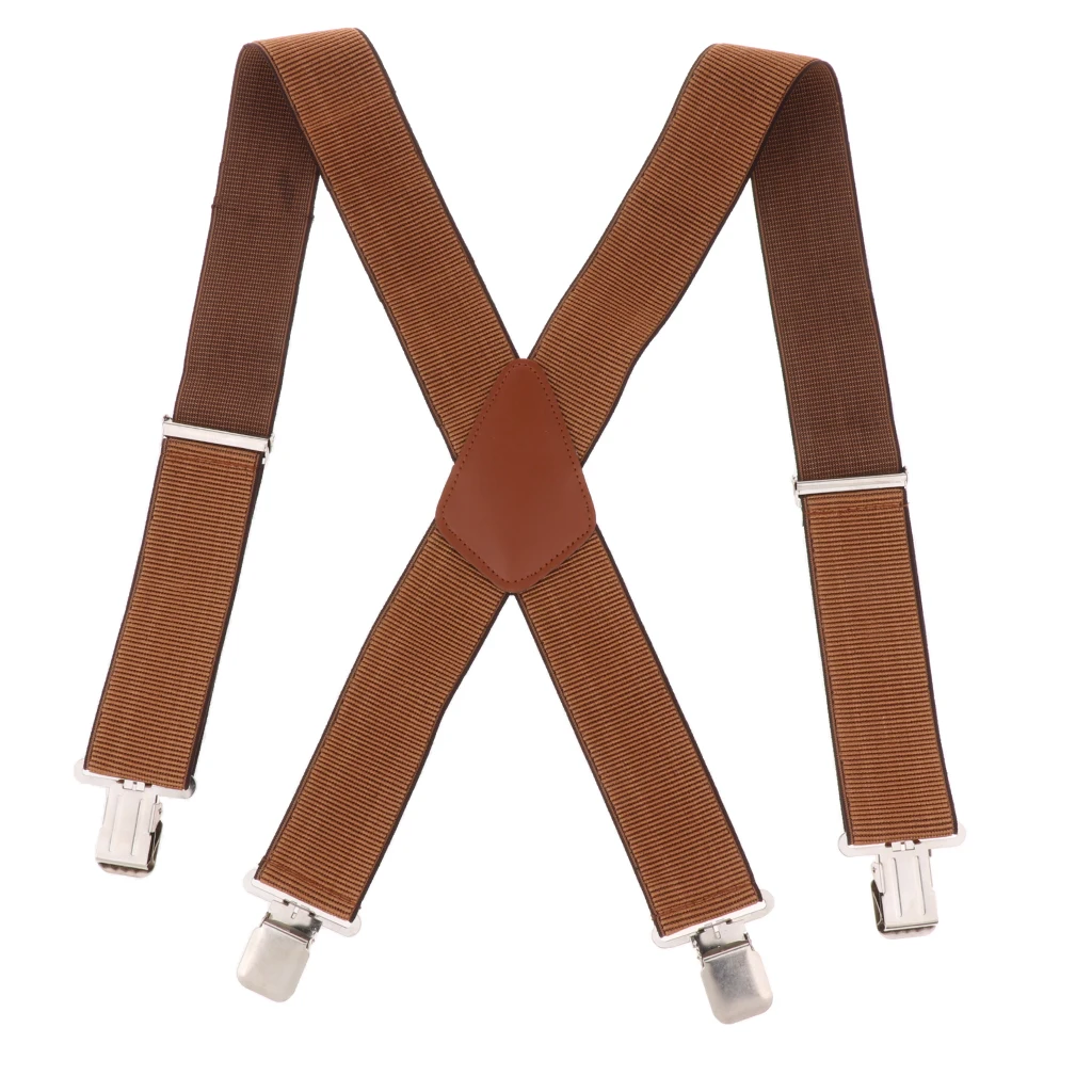 Mens Adjustable X Shaped Elastic Suspenders with Clips Brown