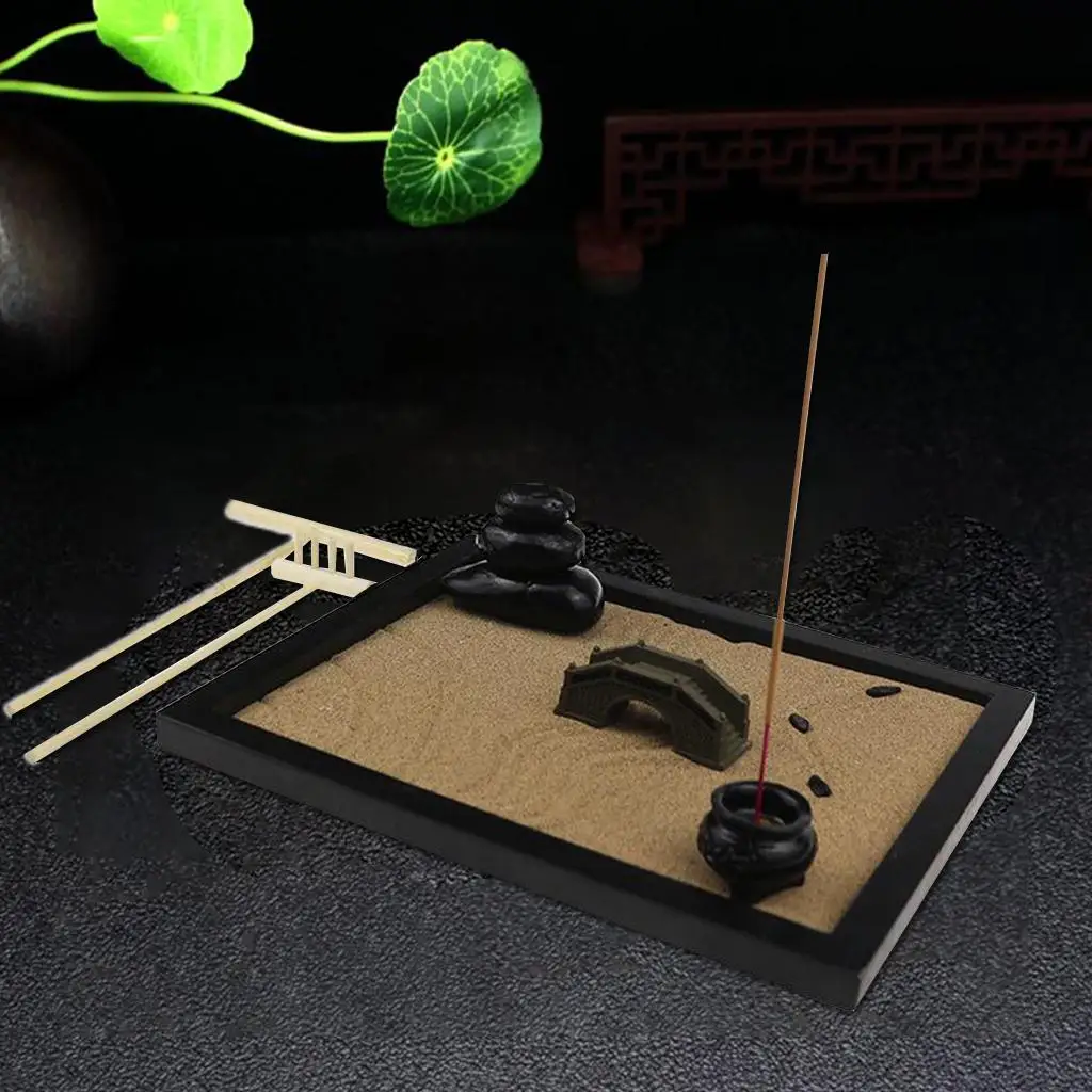 Tabletop Meditation Garden - Desktop Meditating Mini Japanese Garden with Bamboo Rakes, Stones