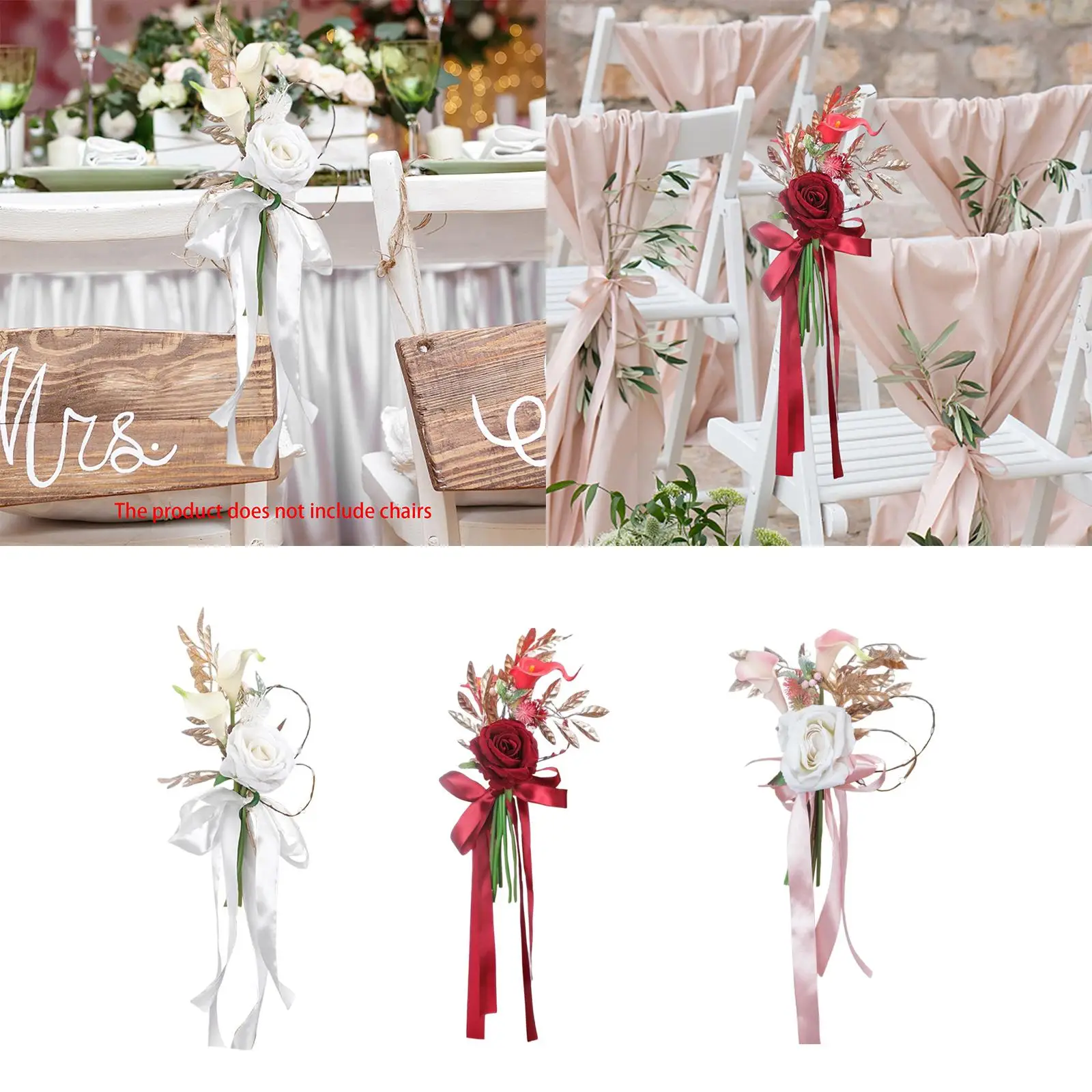 Chair Back Flowers and Ribbons Artificial Rose Flower Aisle Pew Flower Arrangement for Party Banquet Birthday Wedding Decoration