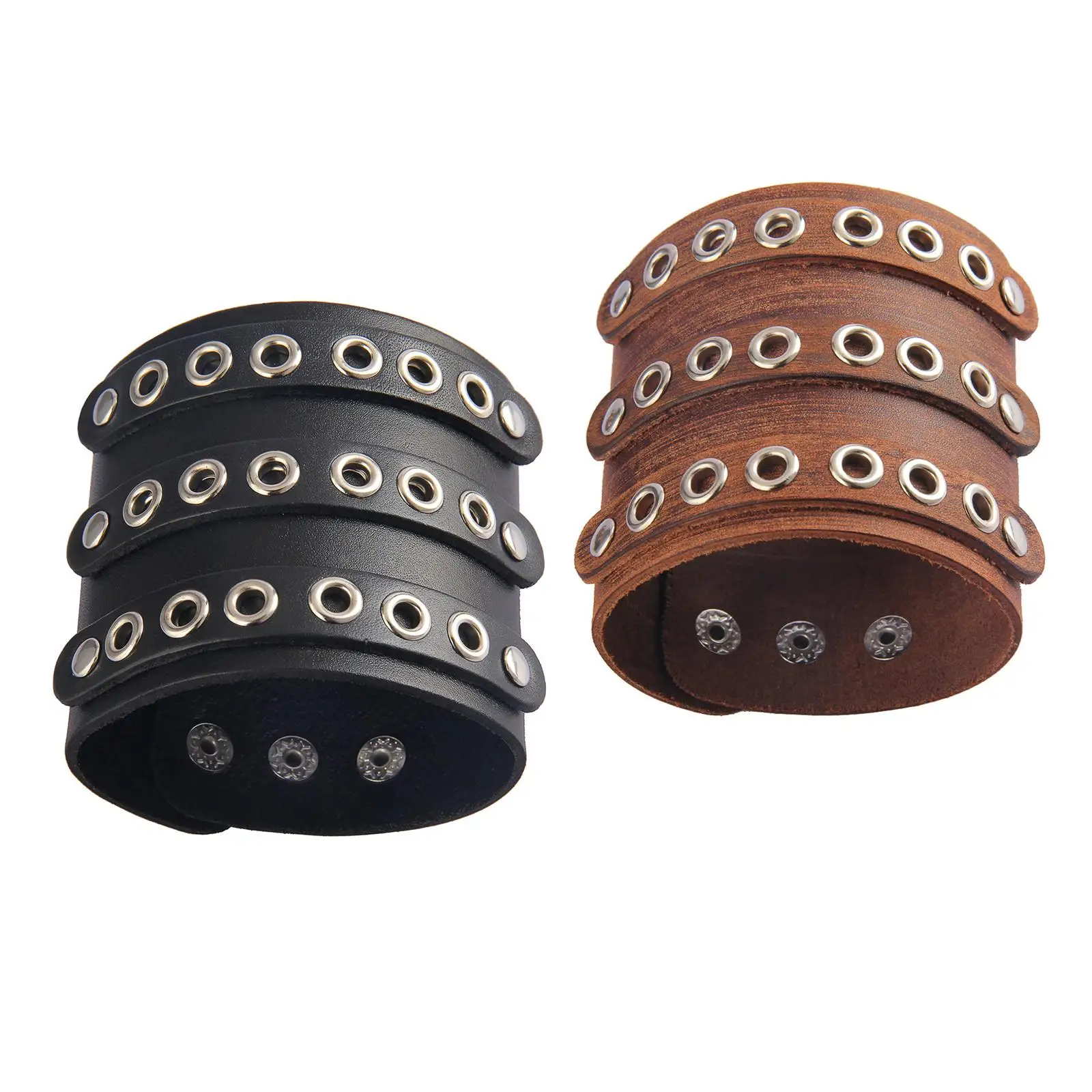PU Leather Bracelet Vintage Fashion Three Rows of Holes Hip Hop Cuff Wrap Bracelet for Birthday Party Husband Men Women Brother
