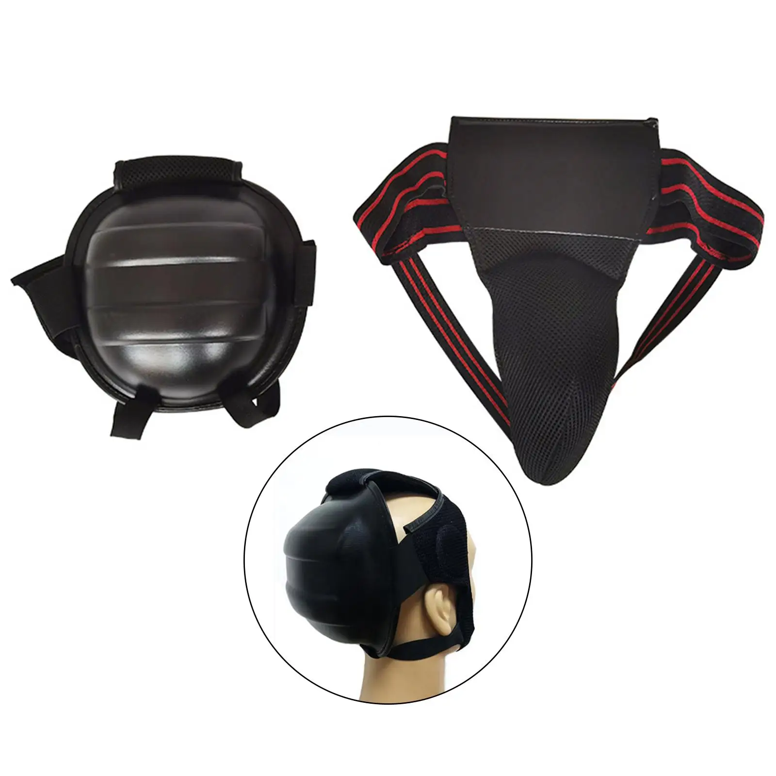 2 Pieces Taekwondo Groin Protector Kickboxing Head Gear Head Guard for Sanda Boxing Martial Arts MMA Training