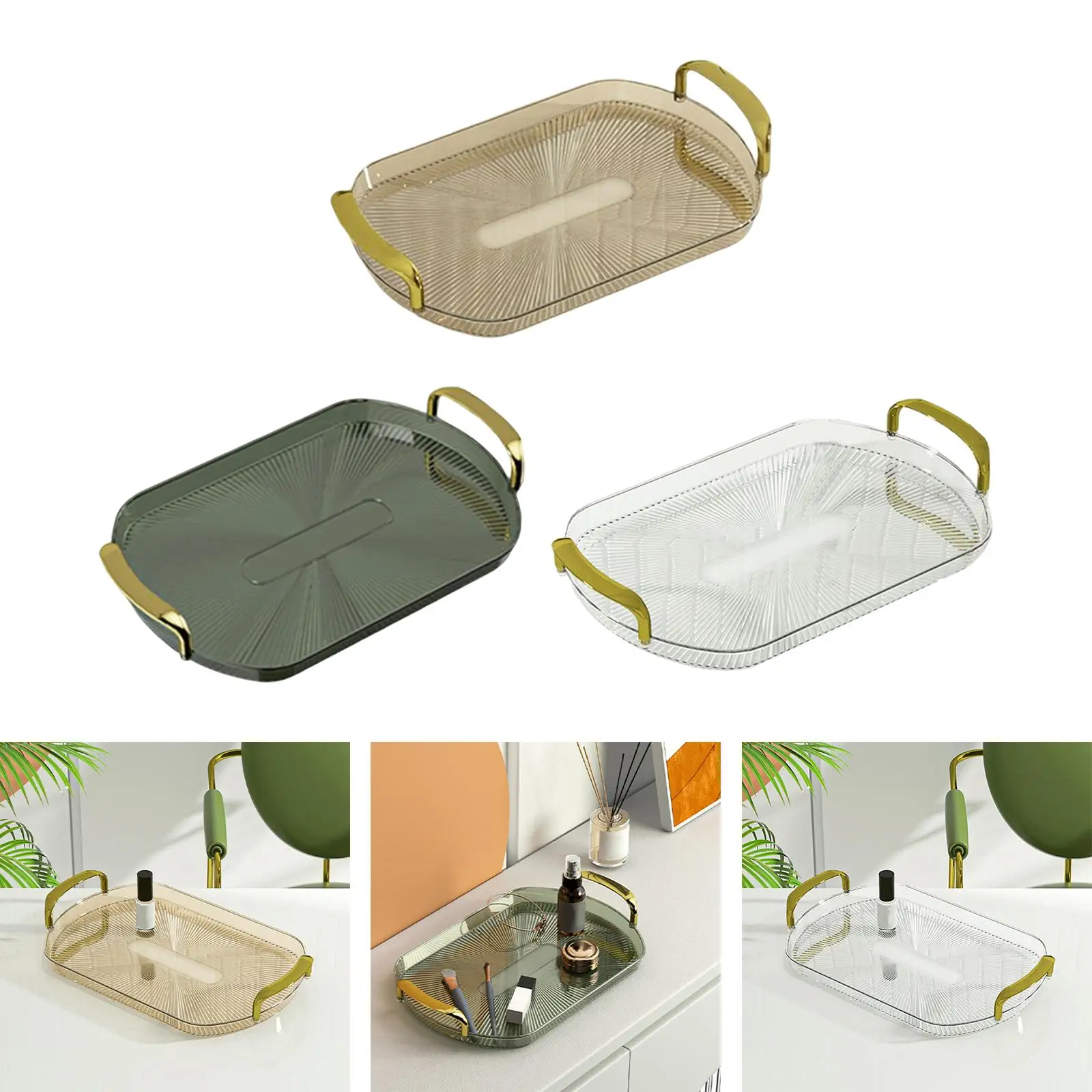 Versatile Serving Tray with Golden Handles for Kitchen, Bathroom, Makeup Tray Durable Decorative Universal Multi Use