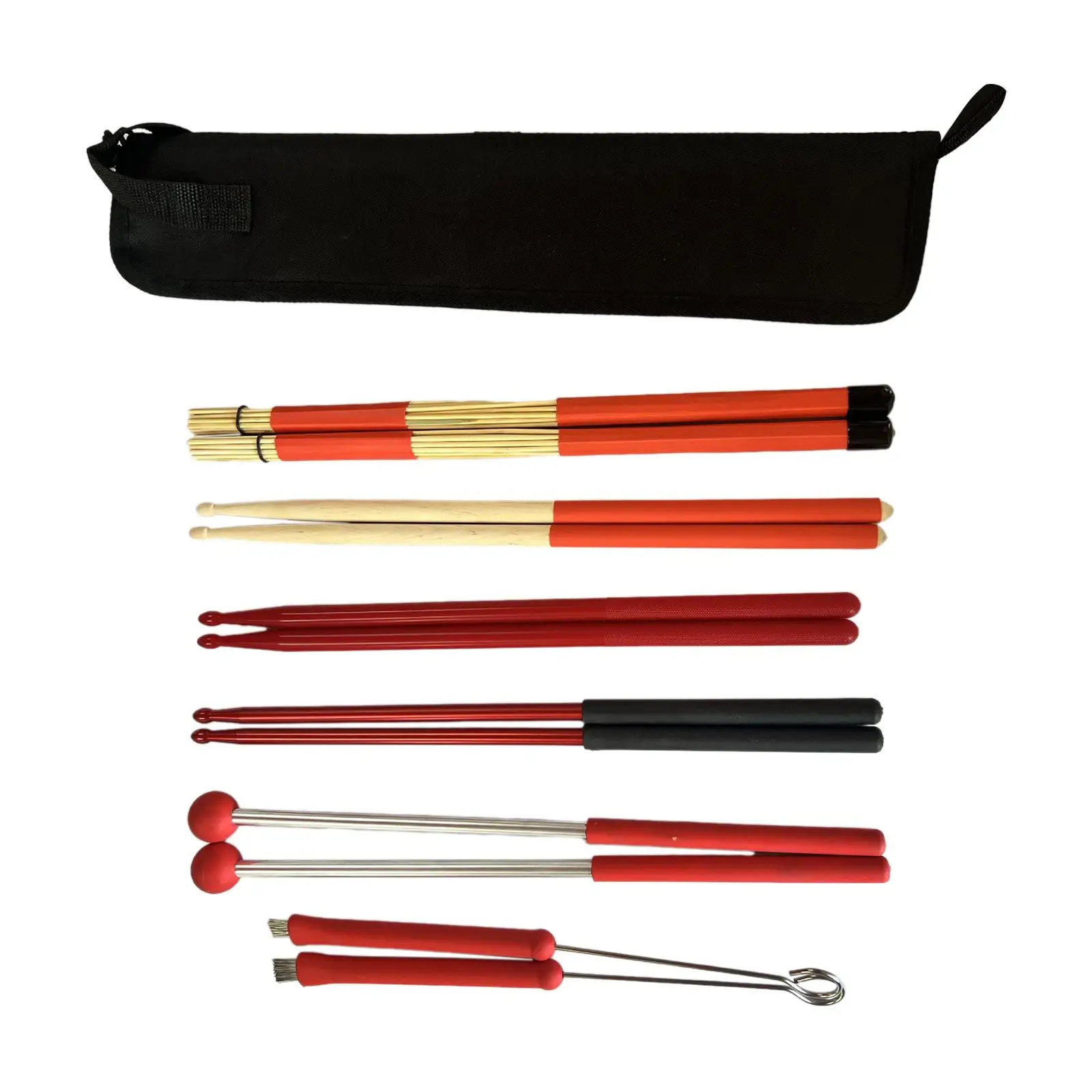 Drumsticks Set Wood Drum Sticks with Portable Storage Bag Retractable Drum Wire Brushes for Beginner Drummer Playing Practice