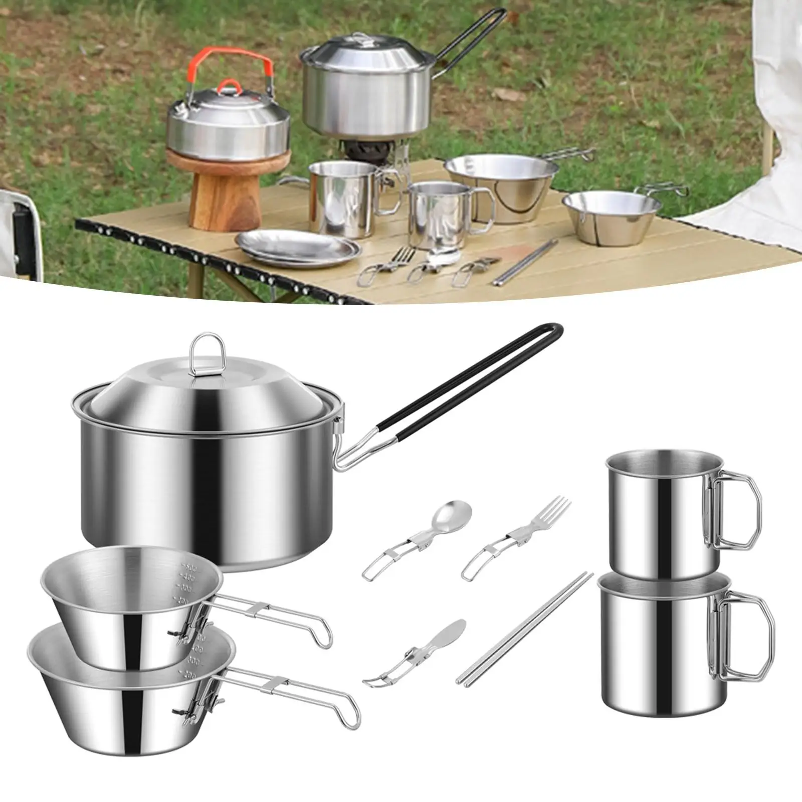 6pcs outdoor pot camping stainless steel cooker mountaineering Picnic Set bowl portable 3-4 person barbecue kitchen cookware