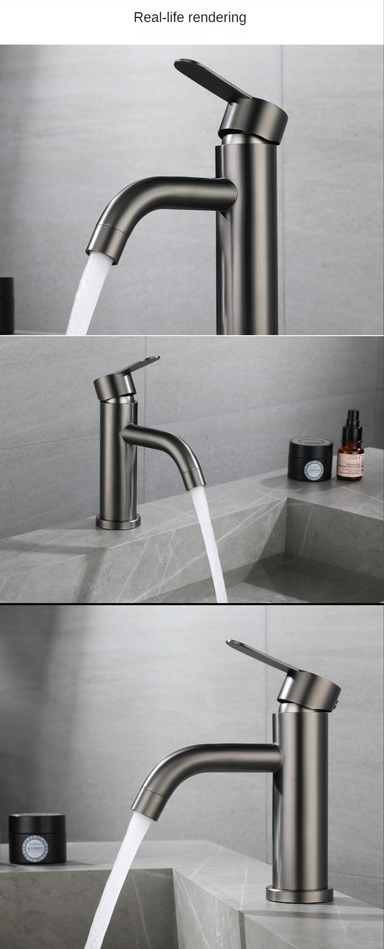 Nombre 1, Einlochmontage-Waschtischarmatur Gun Grey Hot Cold Water Basin Mixer Taps Deckmontierter Badarmatur 304 Edelstahl Ste