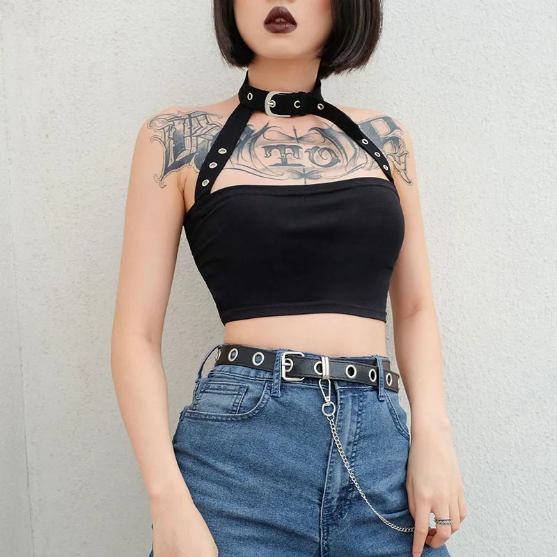 Gothic Grunge Halter Crop Top E-girl Harajuku Dark Academia Mini Vest Summer Sexy Backless Slim Fit Camisole Punk Streetwear