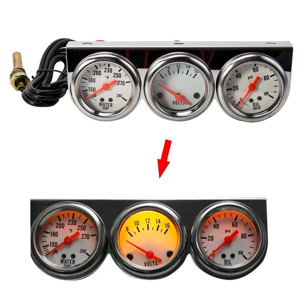 Racing style Oil Pressure Water Temp Volt Meter Gauge With Sensor Triple Gauge Set Mechanical Chrome Panel White Face