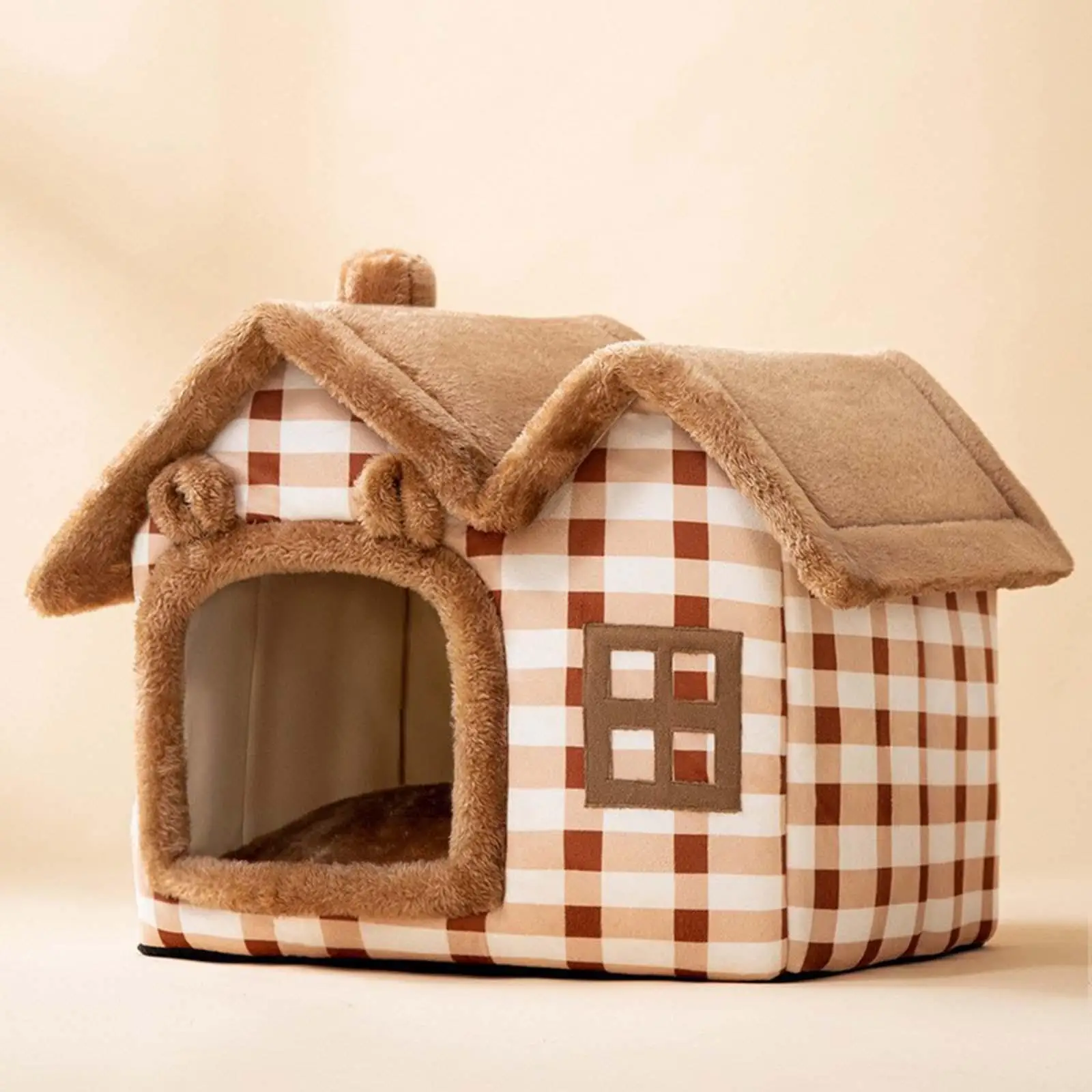 Comfortable Indoor Dog House with Removable Pad Cats Bed Decorative Home Shelter Folding Anti Slip Kitty Cave for Small Animals