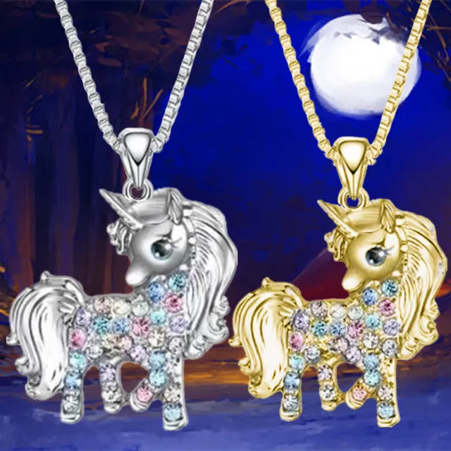 Unicorn Necklace for Women Wing Pony Animal Blue Purple Crystal Heart Color  Drip Oil Pendant Jewelry