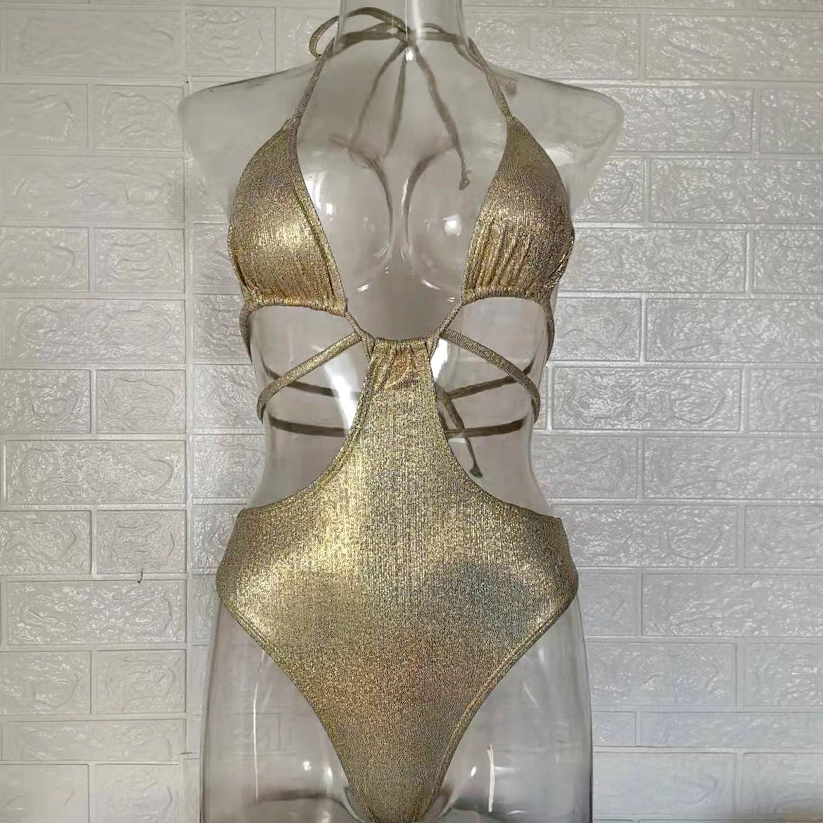 Newest One-piece Women's Halter Bikini With Chest Pads Swimsuit High Waist Bathing Suit Gold Foil Fabric Bodysuit Biquini bikini cover