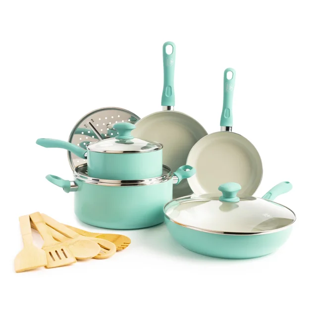 Healthy Cooking Non-Stick Ceramic Dishwasher and Oven Safe 12-Piece Pots  and Pans Cookware Set, Turquoise - AliExpress