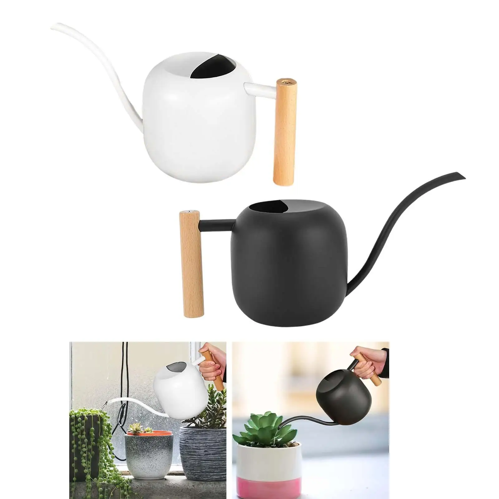 Stainless Steel Watering Can Long Mouth Wooden Handle Watering Flower Kettle for Home Garden Outdoor Shower Decorative