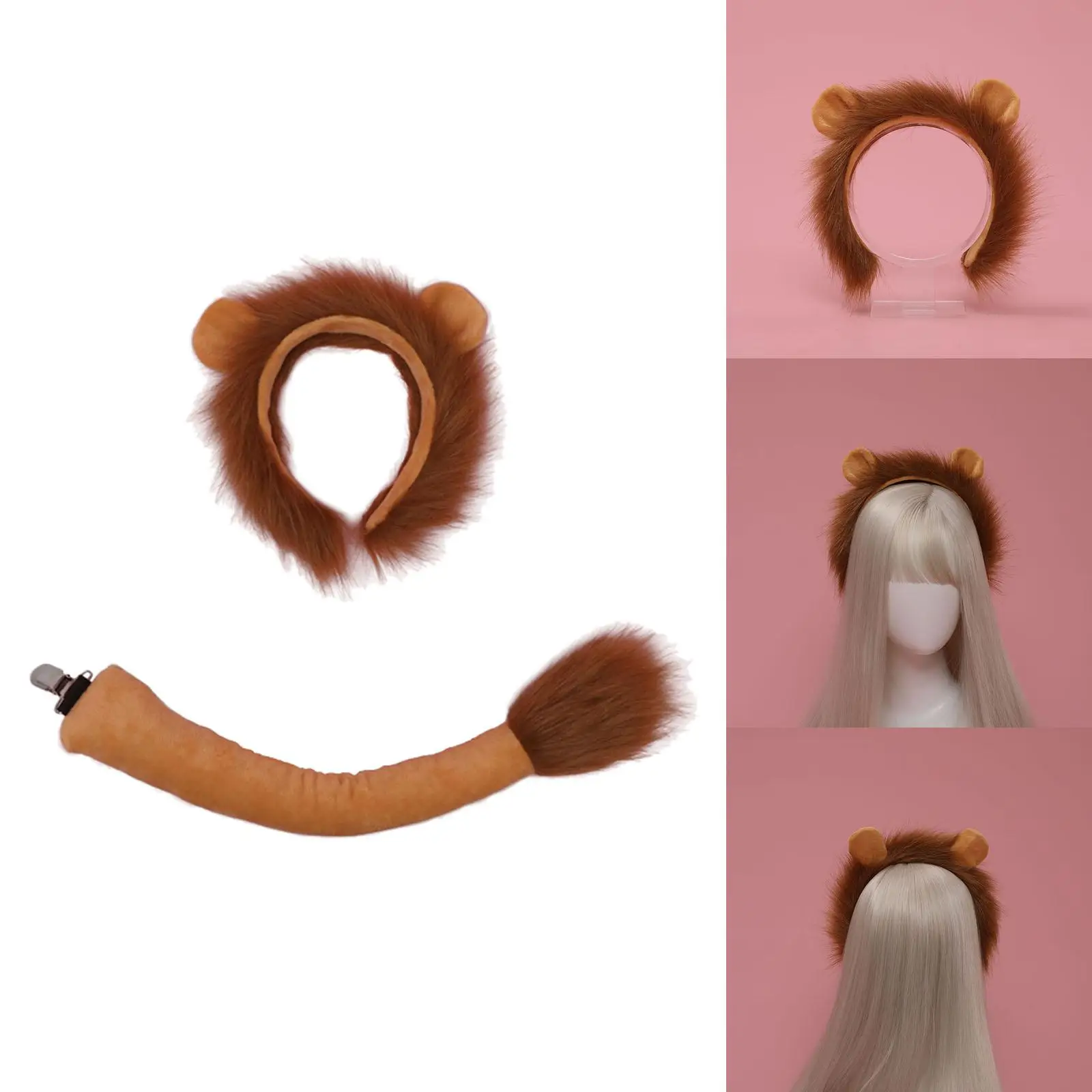 Lion Tail Ears Set Plush Fancy Dress Jungle Animal Ears Costume Headwear Cosplay for Adult Show Halloween Carnival Party