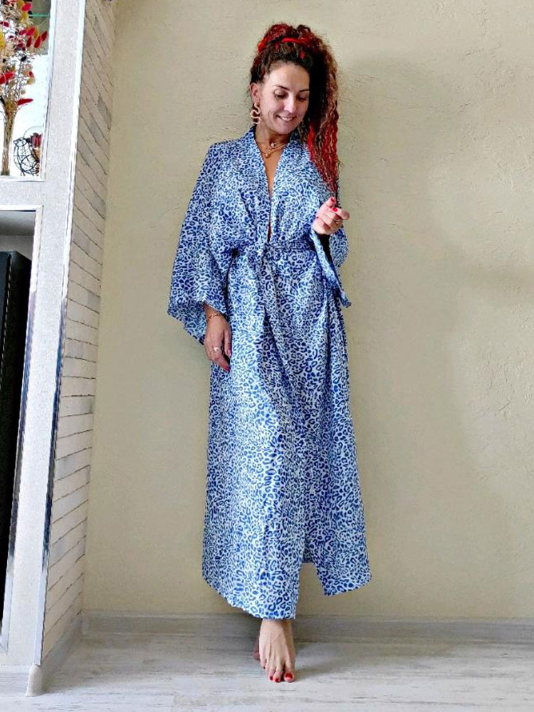 Kimono Vestido Mulheres Casual Cintura Elástica Longa