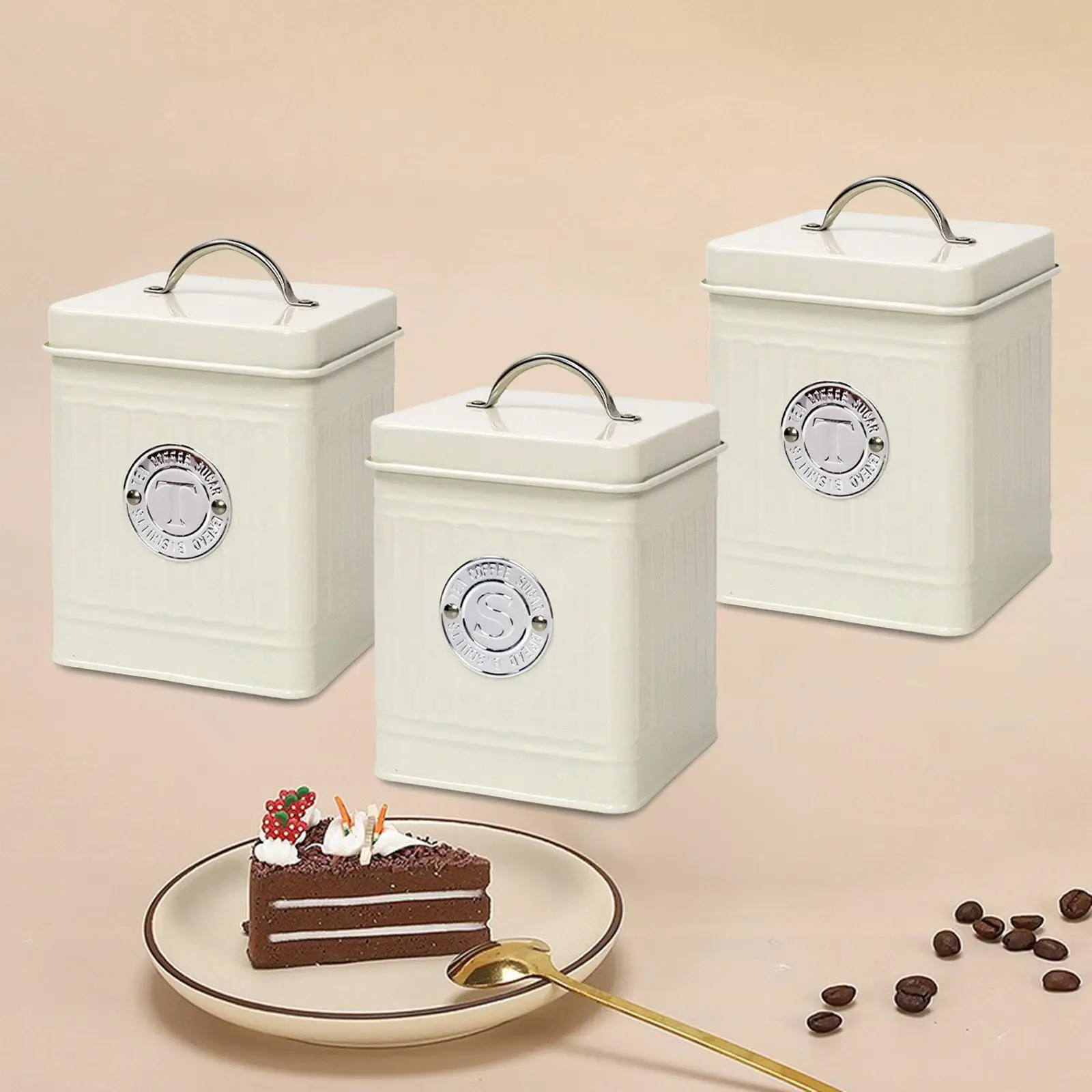3x Decorative Kitchen Canisters with Lids 4.53x4.53x5.51inch 1.5L Square Case Tea Sugar Coffee Container for Kitchen Cafe Office