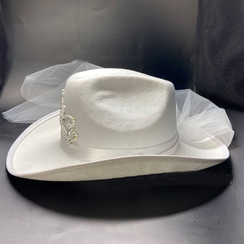 white cowboy hat with veil