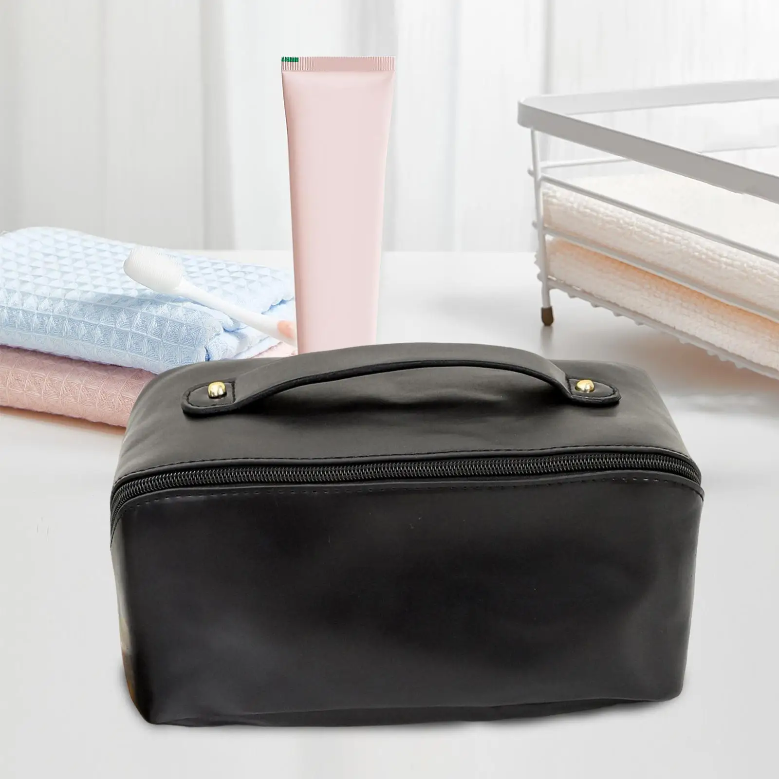 Portable Cosmetic Bag with Handle And Divider Wide Open Pouch for Toiletries