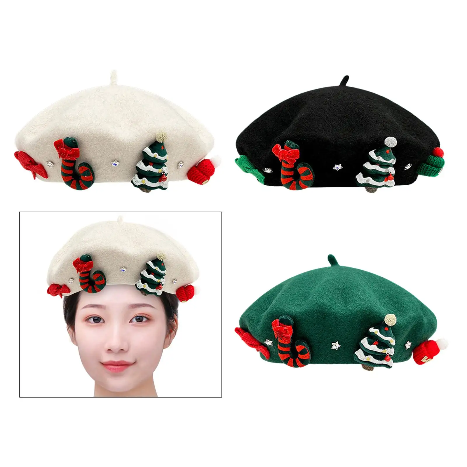 Christmas Beret Hat Headwear Warm Decorations Luxury Casual Painter Hat Winter Felt Cap for Travel Holiday New Year Lady