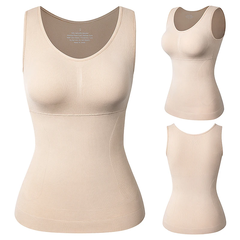 Plus Size Women Shaper Cami with Built in Bra Shapewear Tank Top Tummy Control Camisole Female Slimming Compression Undershirt