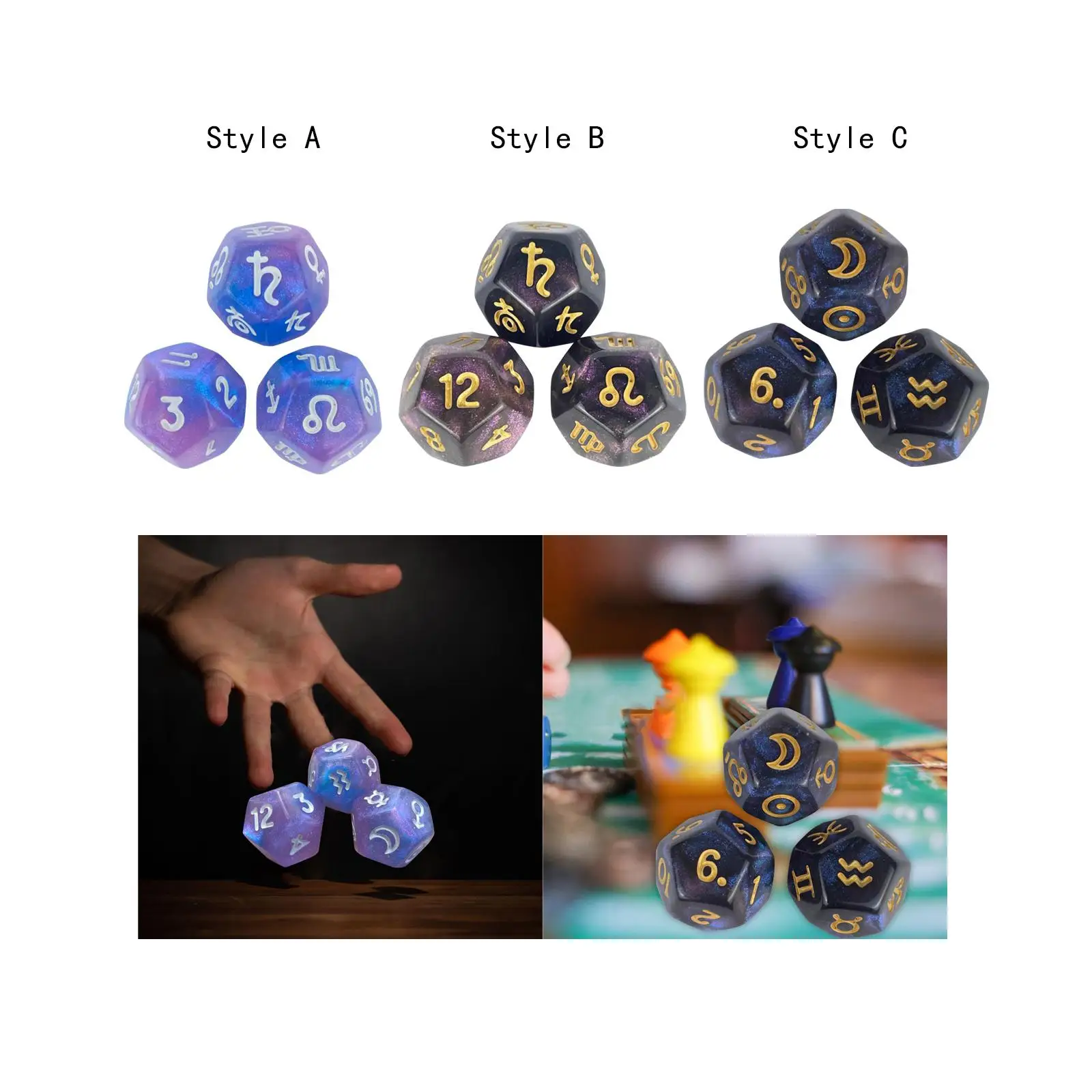 3 Pieces Constellation Dice Board Games Collectibles Acrylic Astrology Signs Dice for Party Astro Divination Gaming Accessory
