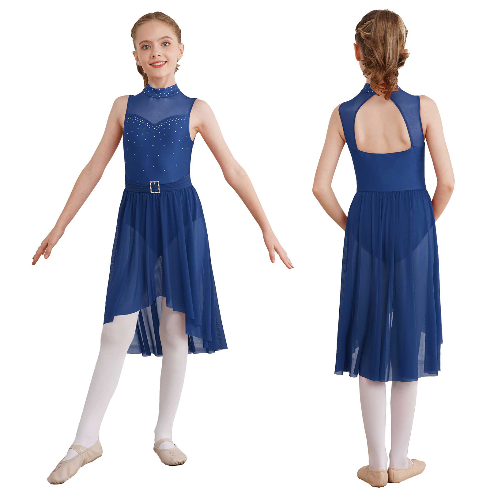 Kinder Mädchen Lyrical Modern Dance Kleid Ärmellos Glänzend Strass Ballett Gymnastik Eiskunstlauf Trikot Kleid Bühne Dancewear – Detail 30