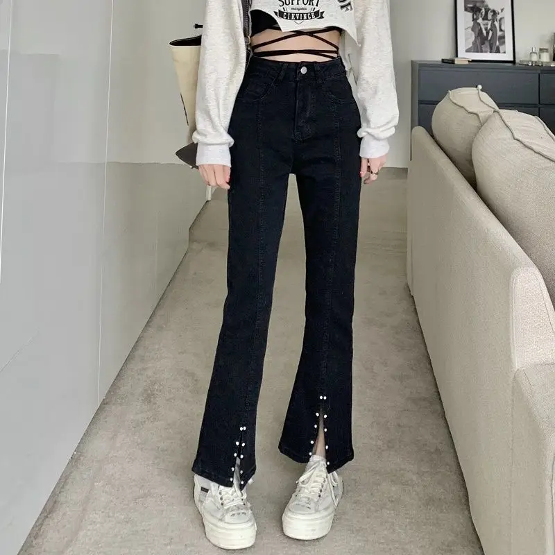 2022 large size spring new high-waisted straight stitching split pearl all-match jeans are slim and trendy patchwork jeans