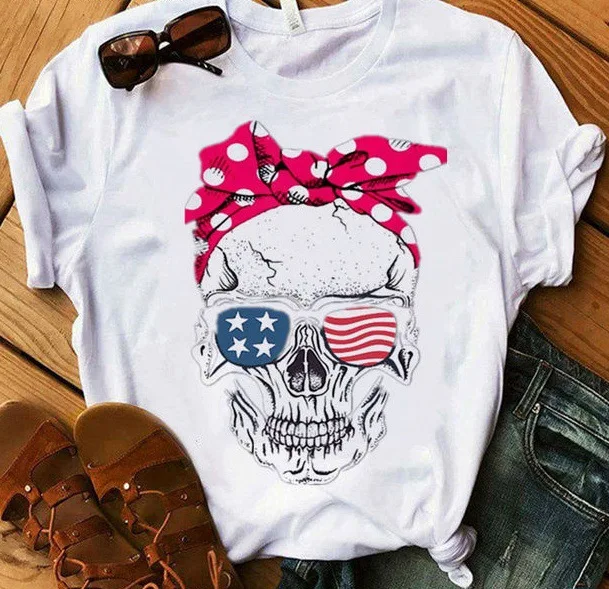 T-shirt Short Sleeve T-shirts Printing Vintage Style American Flag Bow Knot Skull display picture 4