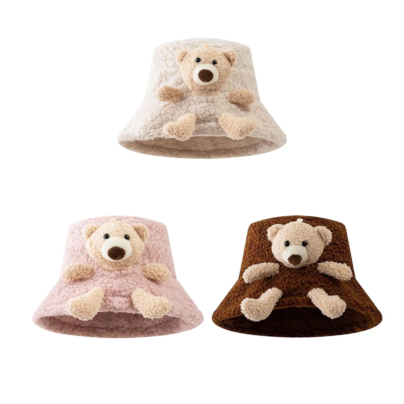 Womens Fleece Bucket Hat 3D Stuffed Bear Wide Brim Warm Fashion Headwear Adjustable Basin Hat Winter Hats for Cold Weather