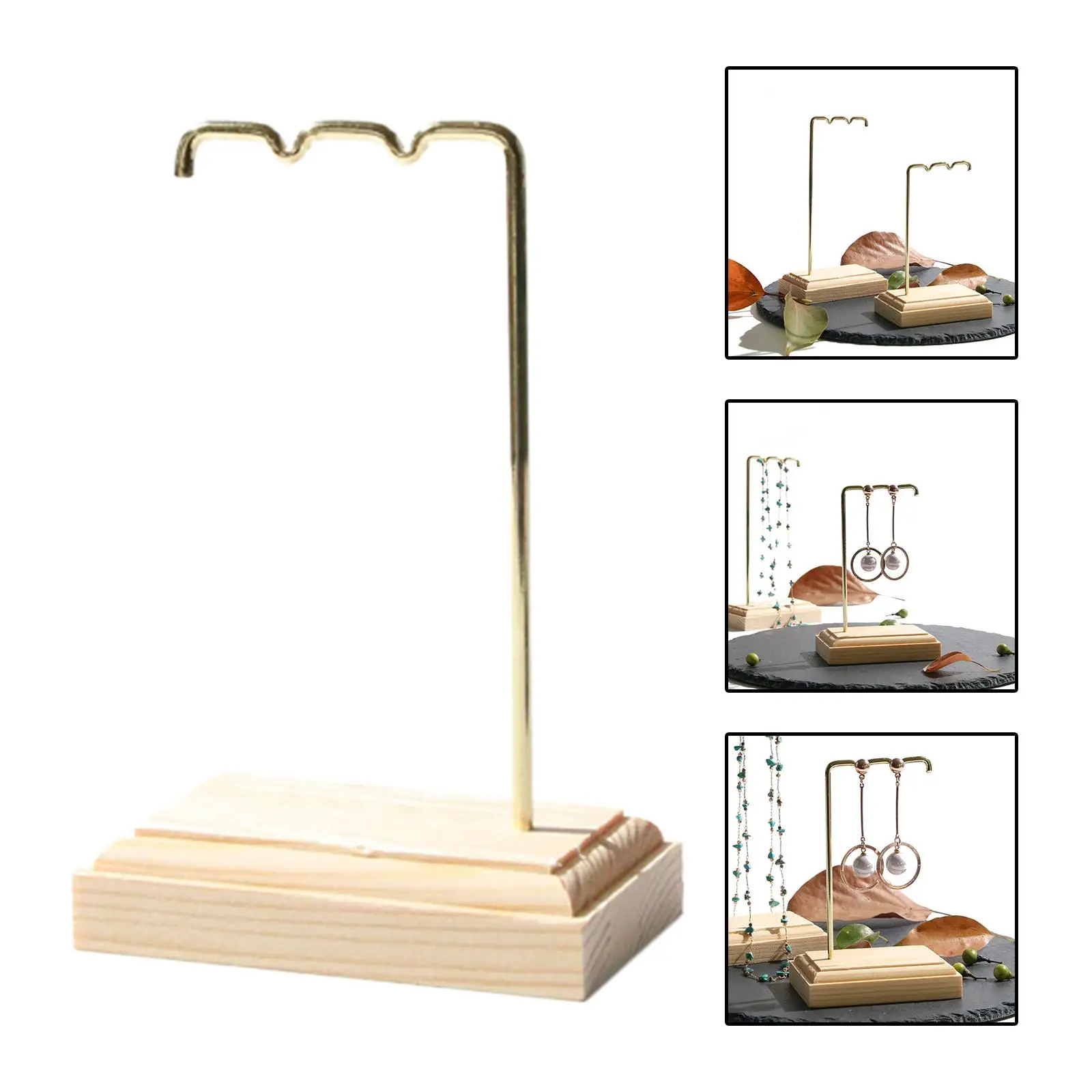 Jewelry Display Stand Necklaces Pendant Hanging Rack, Space Saving Golden Metal and Wood Base