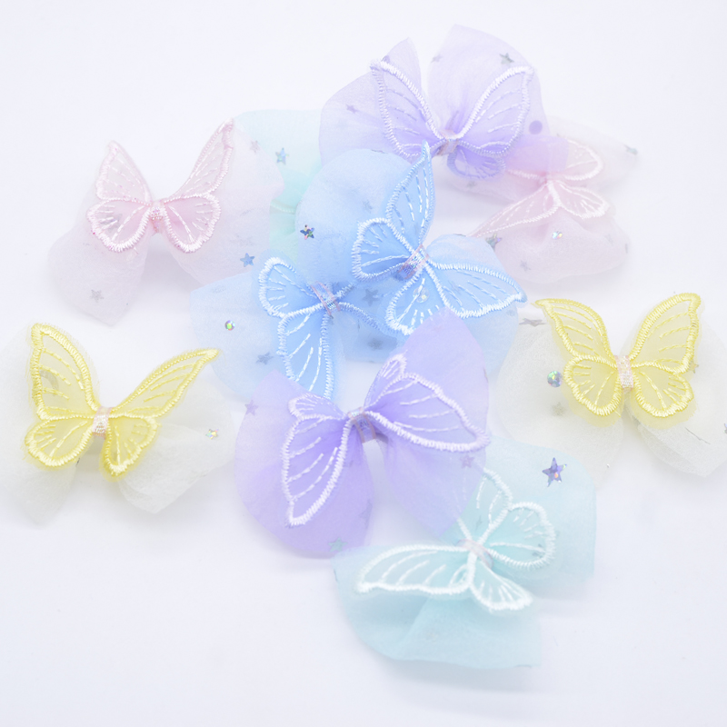 10 Stücke 60*50mm Doppel Schmetterling mit Mesh Fliege Applikationen für DIY Kleidung Hut Nähen Patches Kopfbedeckung Haarspangen Zubehör – Detail 3
