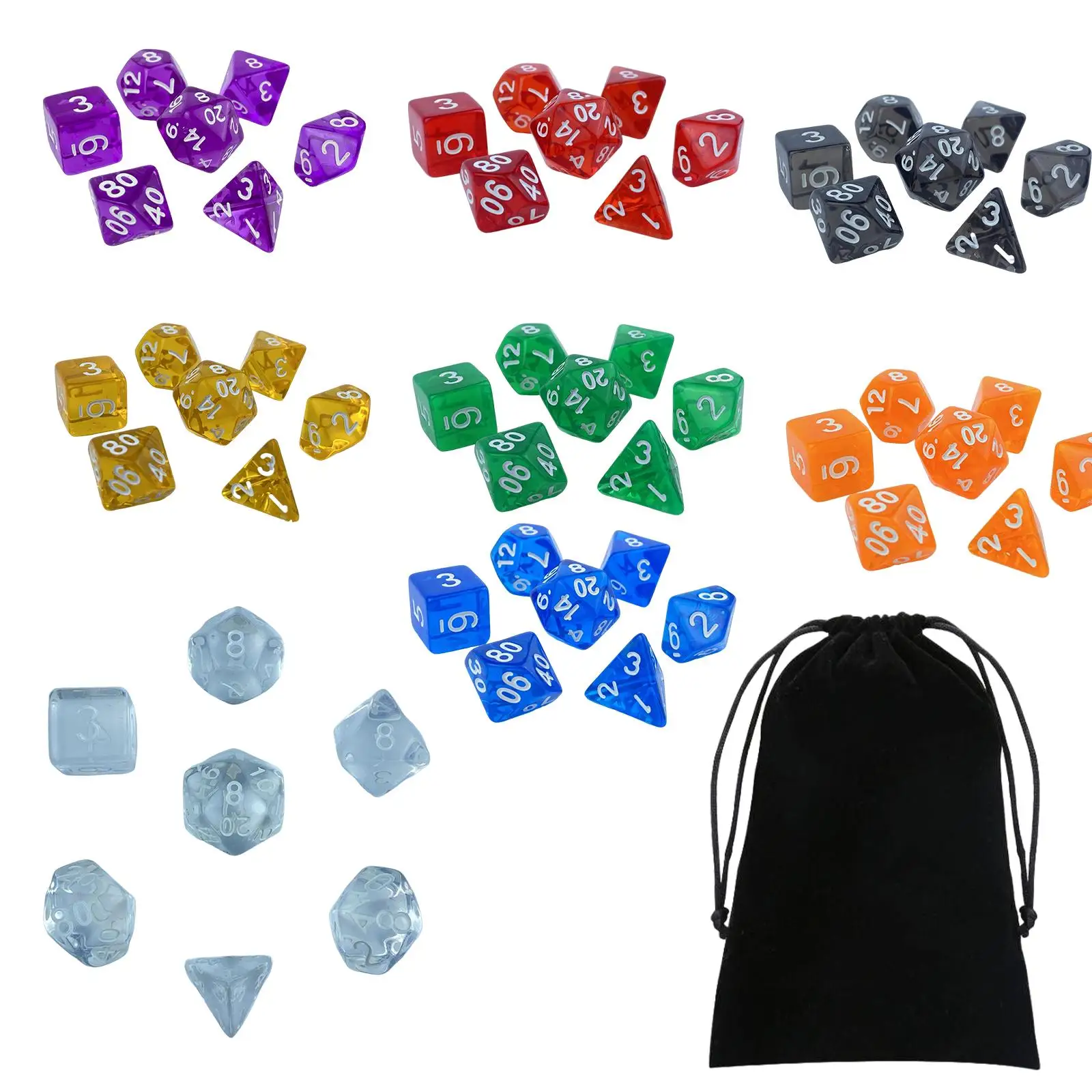 Polyhedral Dice, Multi Sided Dice Set 56pcs Polyhedral RPG Game Dices, Purple, Red, Black, Yellow, Green, Orange, Blue, Silver
