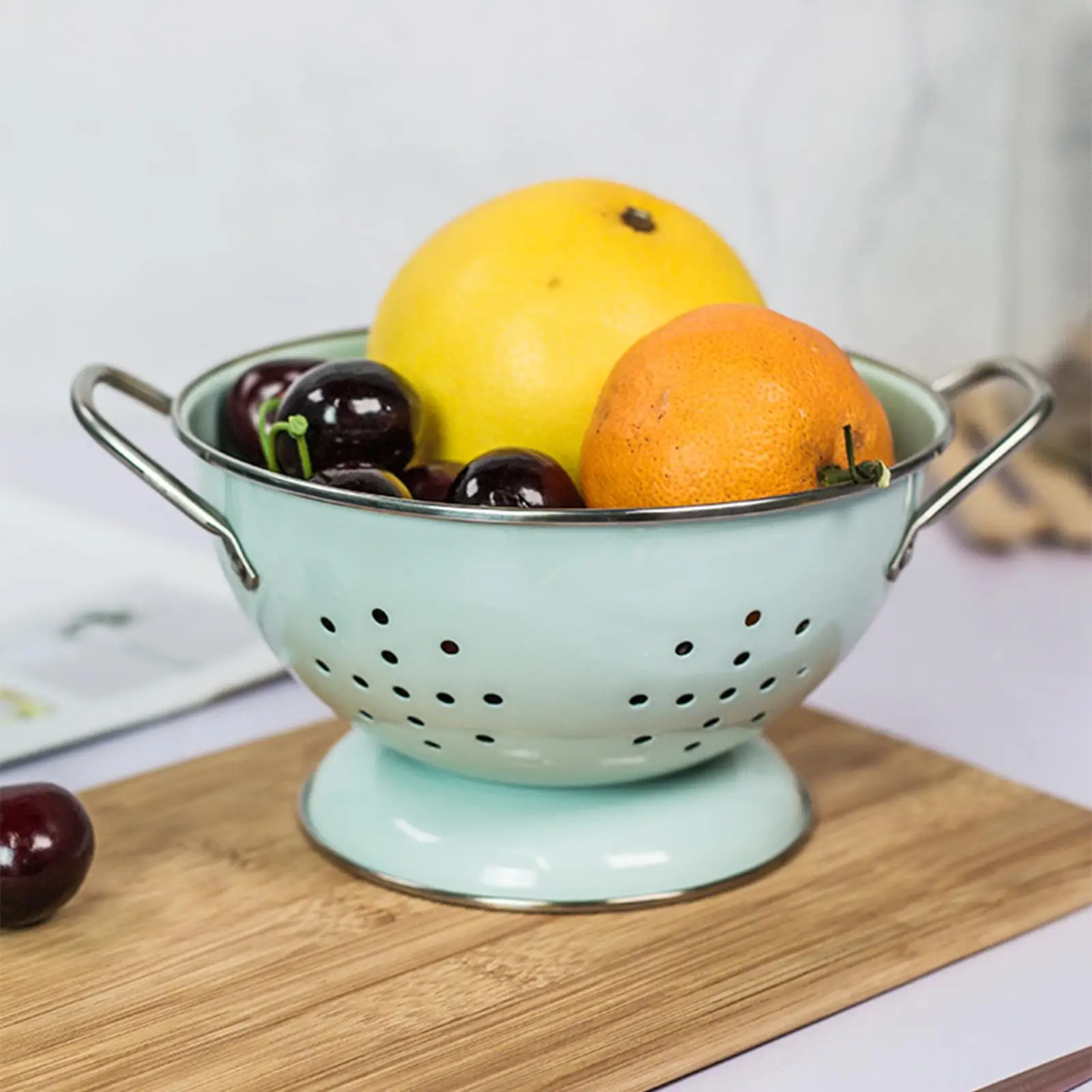 Enamel Coated Fruit Bowl Berry Colander Self Draining Multipurpose Serving Bowl with Handle for Veggies Fruits Countertop Home