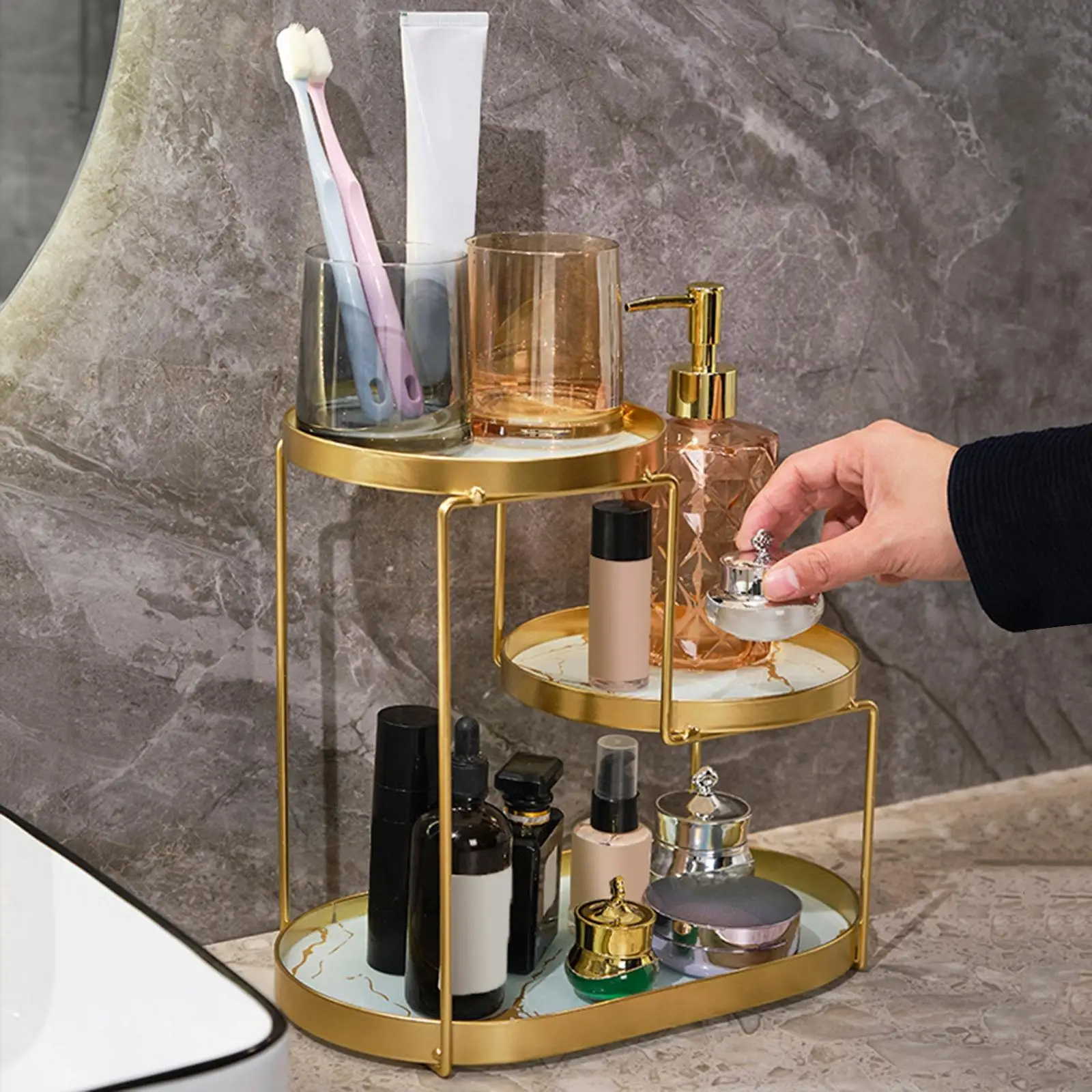 Bathroom Cosmetic Tray, 3-Tier Freestanding Shelf Rack, Lipstick Trinket