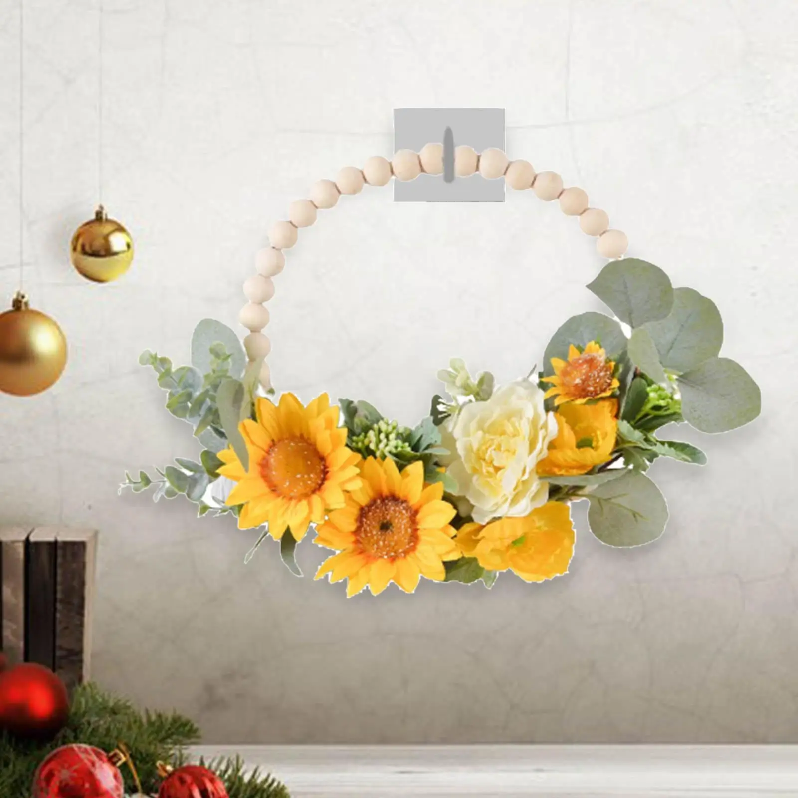 Artificial Wooden Beads Wreath Eucalyptus Leaf Wreath for Party Window Holiday Decoration