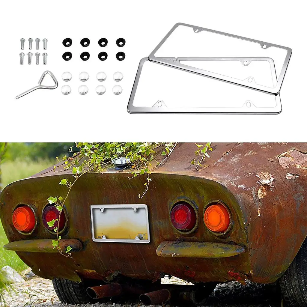 Stainless Steel  with Screw Caps, 2Pcs 4 Holess  s, Cars Plate Covers Holders for Vehicles